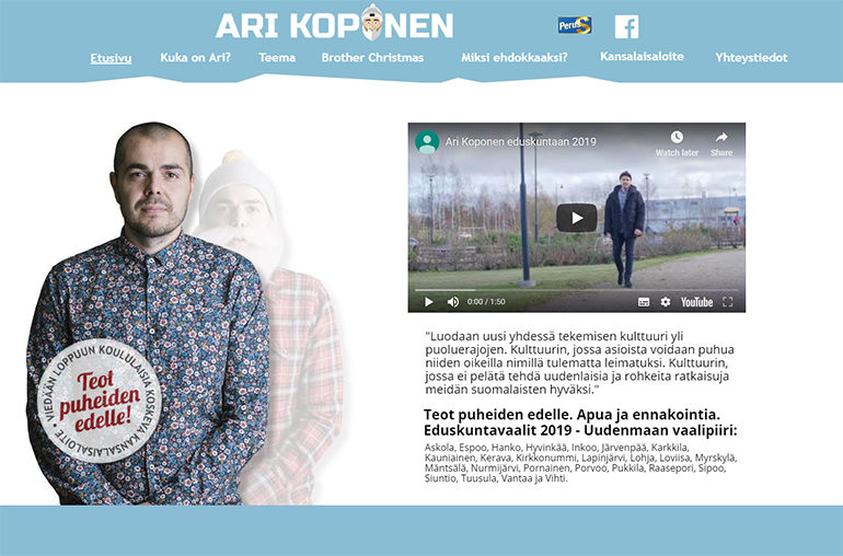Kotisivullaan Koponen poseeraa ilman tekopartaa.