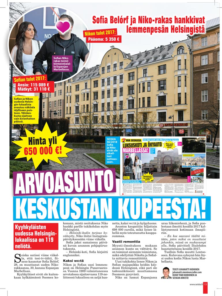 SEISKA 47/2018 Seiska kertoi viime vuonna pariskunnan Helsingin-kodista.