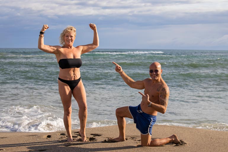 Mikä mieletön muutos! Johanna Karjunen kiinteytyi ja kutistui avomiehensä, personal trainer Giuseppe Mennillon opein. Peppe on missirakkaastaan syystäkin ylpeä.
