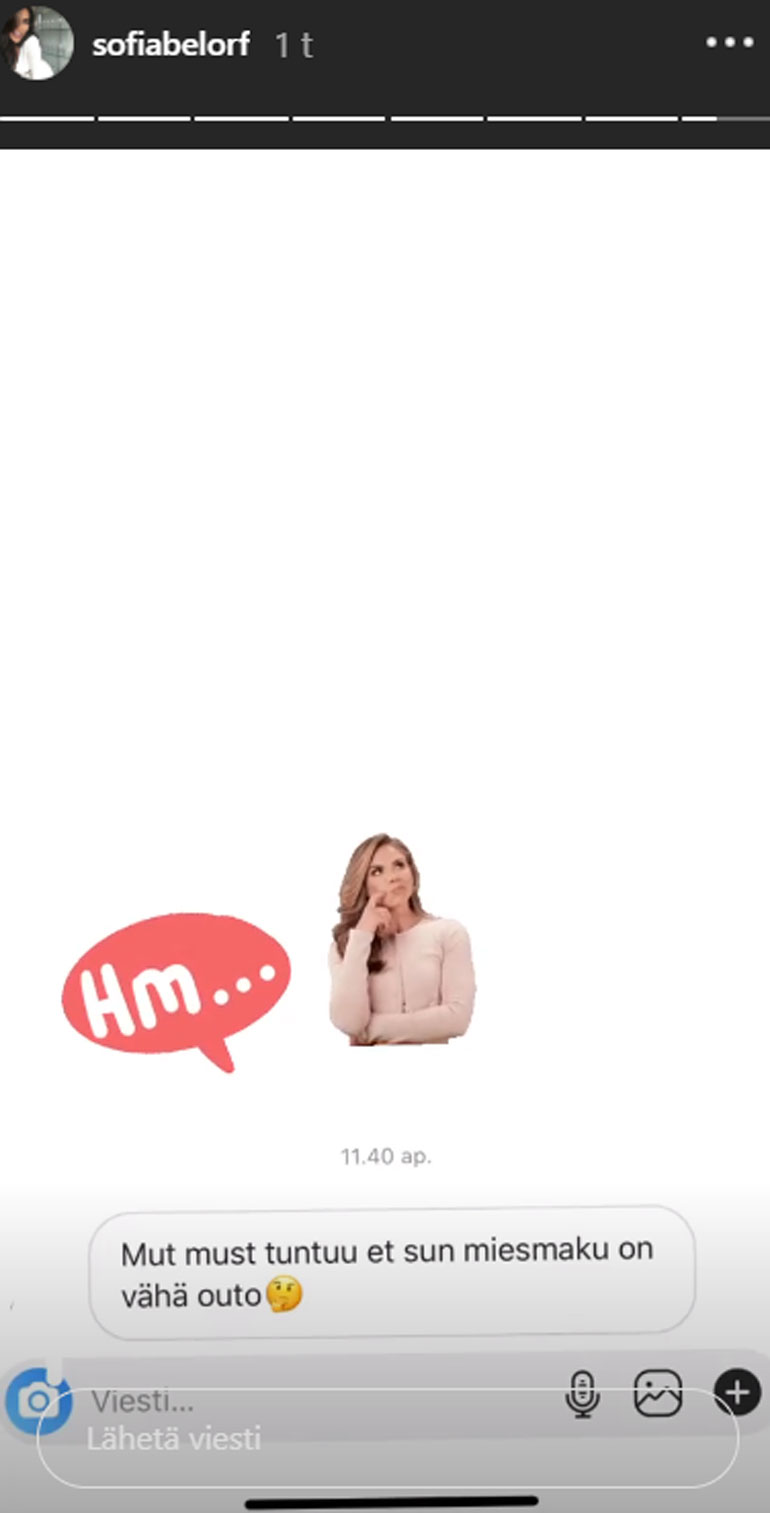 Kuvakaappaus Sofia Belórfin Instagram-videotarinasta.