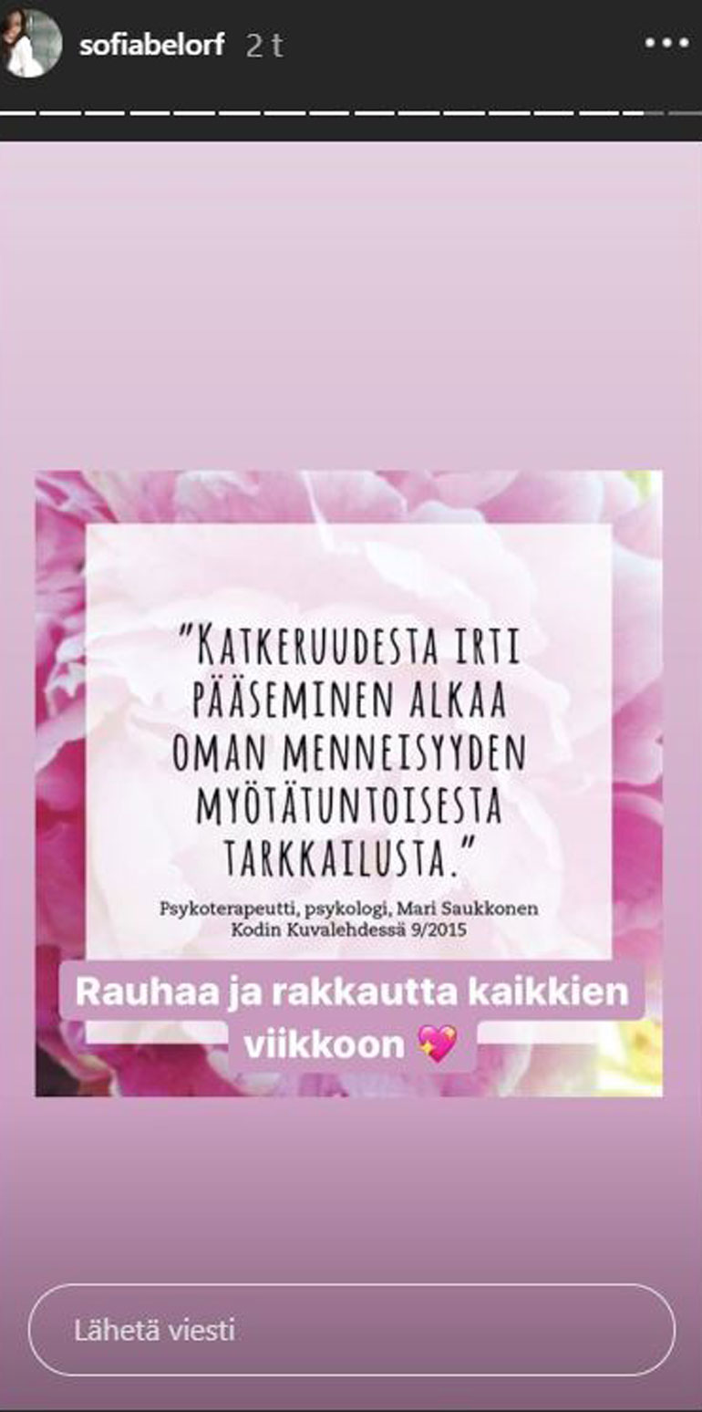 Kuvakaappaus Sofia Belórfin Instagram-videotarinasta.
