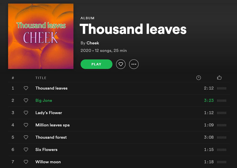 Tältä näytti Cheek-nimisen jazz-artistin Thousand Leaves -albumi uransa lopettaneen suomalaisräppärin Spotify-tilillä keskiviikkona 8. heinäkuuta 2020. Kuvakaappaus Cheekin Spofity-tililtä.