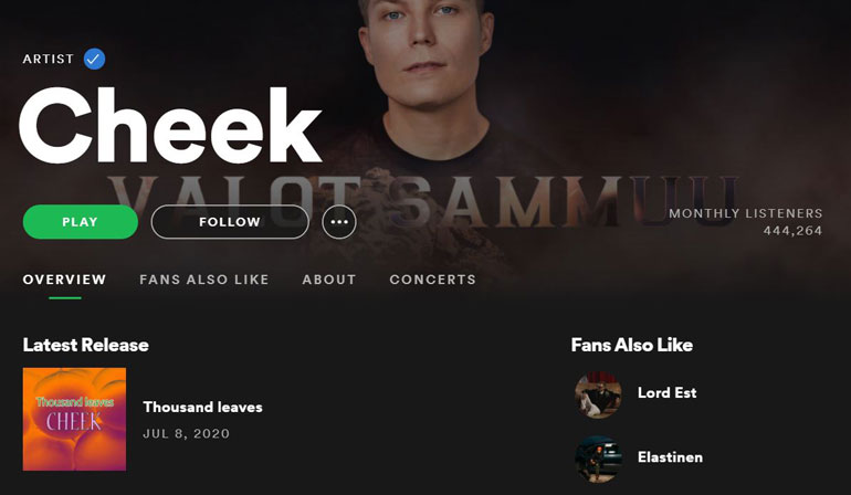 Tältä näytti Cheekin Spotify-profiilissa keskiviikkona 8. heinäkuuta 2020.