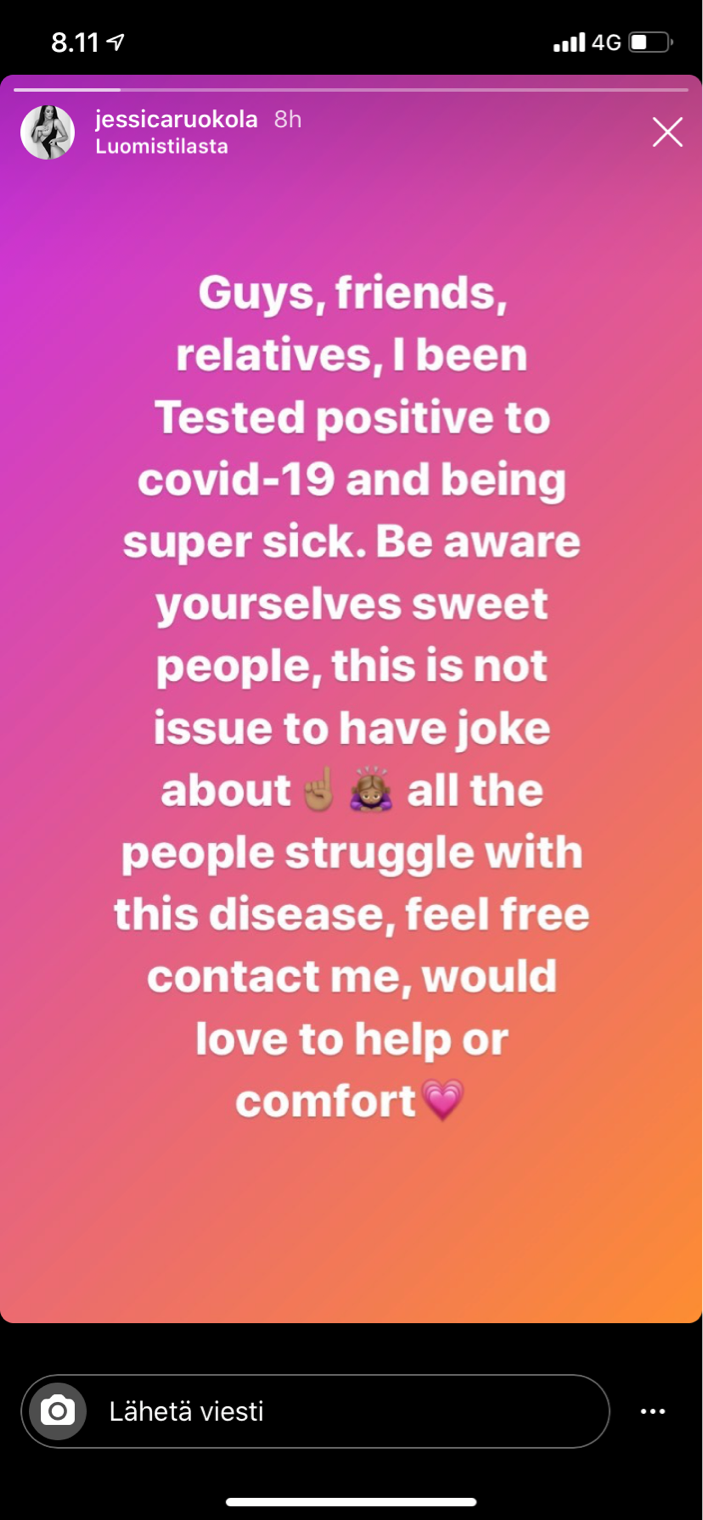 Kuvakaappaus Jessica Ruokolan Instagram MyStory-osiosta.