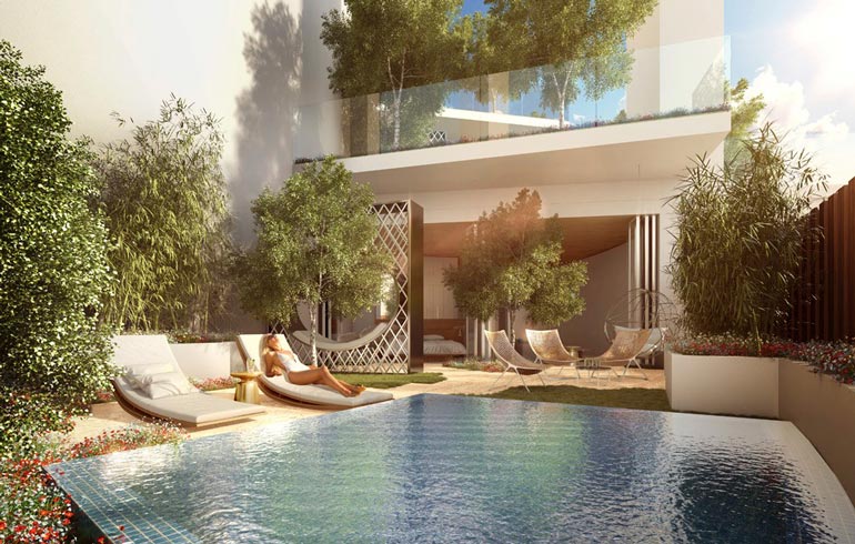 Five Jumeirah Villagen havainnekuvasta näkee minkälaisia uima-altaita luksustalossa on. Kuvassa ei ole Martina.