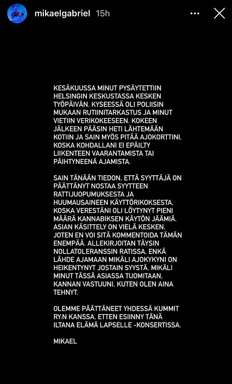Kuvakaappaus Mikaelin Instagram-tarina-osiosta.