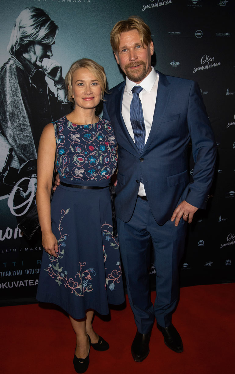 Matti Ristinen and his wife Sari Haapamäki poses for the camera during Olen Suomalainen - Movie premiere in Helsinki, Finland, 11. September 2019. (