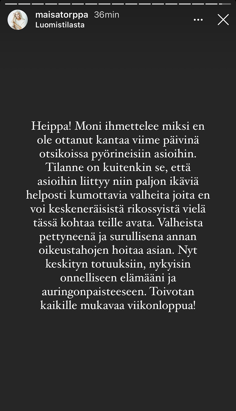 Kuvakaappaus Maisan Instagram-tarinasta.