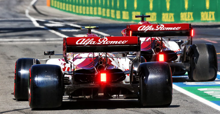 Antonio Giovinazzi (ITA) Alfa Romeo Racing C39 and Kimi Raikkonen (FIN) Alfa Romeo Racing C39. 12.09.2020. Formula 1 World Championship, Rd 9, Tuscan Grand Prix, Mugello, Italy, Qualifying Day