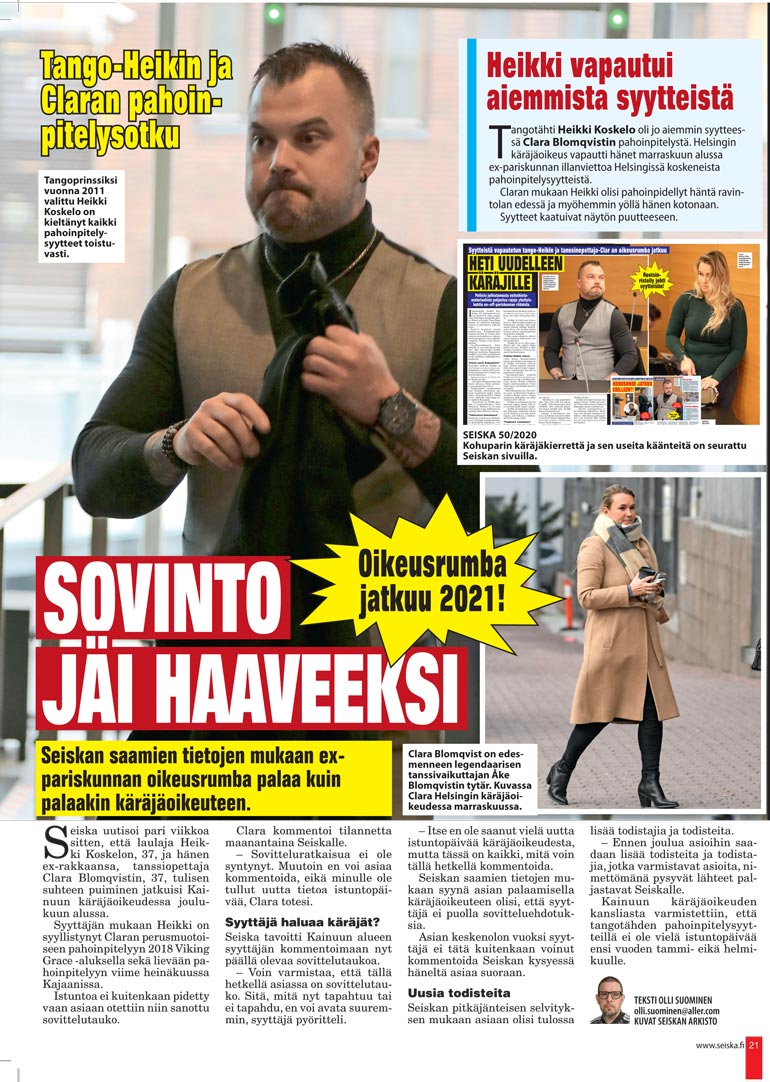 SEISKA 53/2020 Heikki vapautettiin joulukuussa laittomasta uhkauksesta ja pahoinpitelystä nostetuista syytteistä.