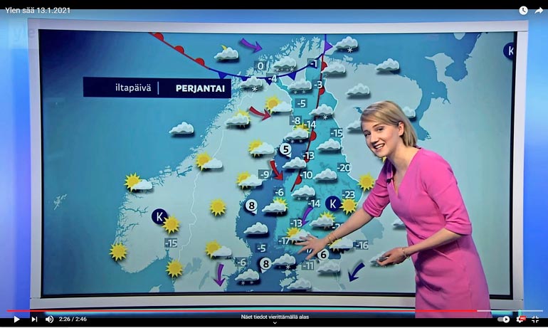 Näin Suomessa. Ihka oikea meteorologi Anniina Valtonen luottaa asiallisen hillittyyn tyyliin Ylen säälähetyksissä.