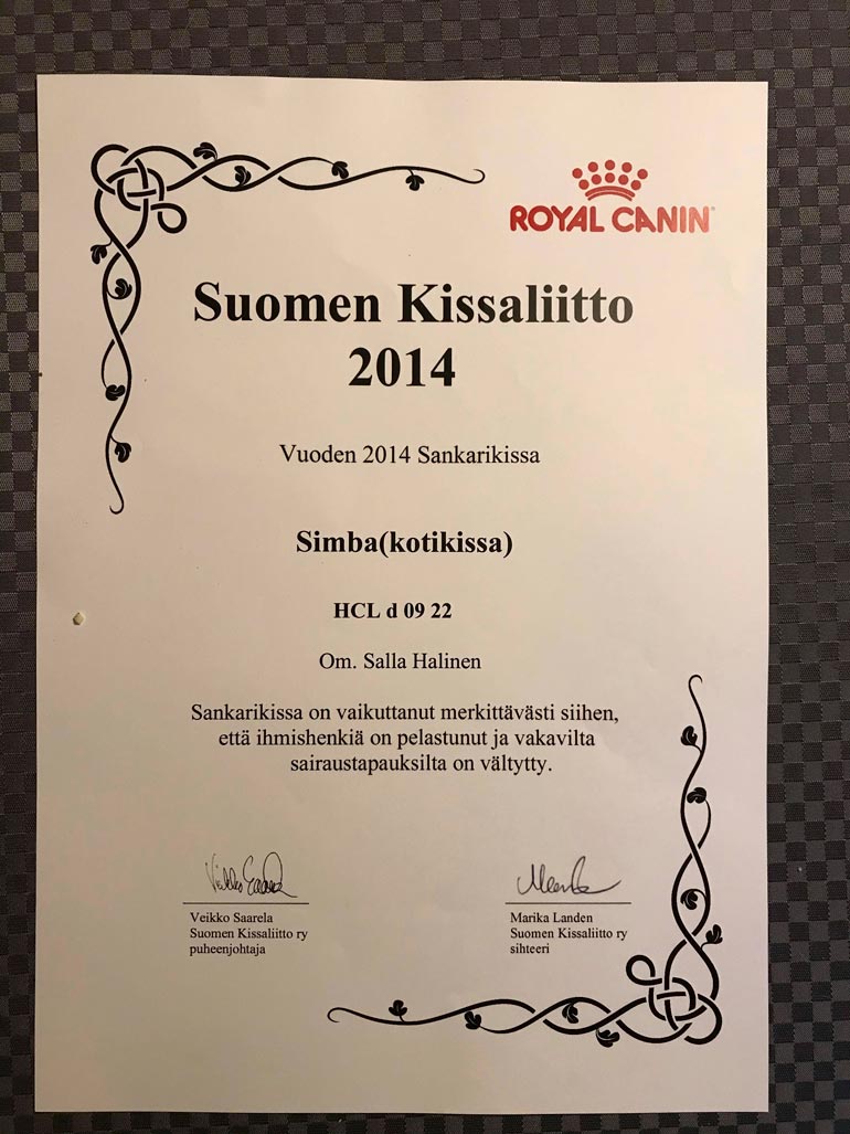 – Simba tietää olevansa rakastettu ja suuresti kunnioitettu, vaikkei se osaakaan lukea, miten kunniakirjassa sitä kehutaan, Salla nauraa.