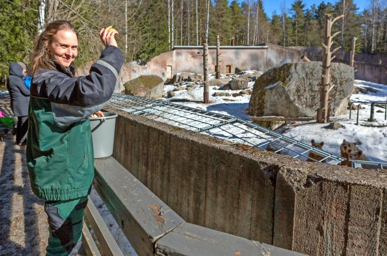 Eläintenhoitaja Tiina Sarkkinen on viihtynyt työssään Ähtärin eläinpuistossa jo vuodesta 2006.