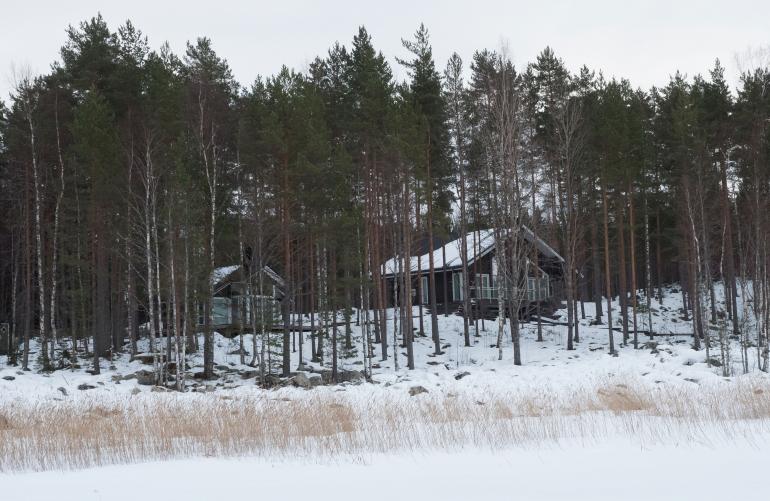 Tältä Vettelin kesämökki näyttää talvella Päijänteeltä kuvattuna.