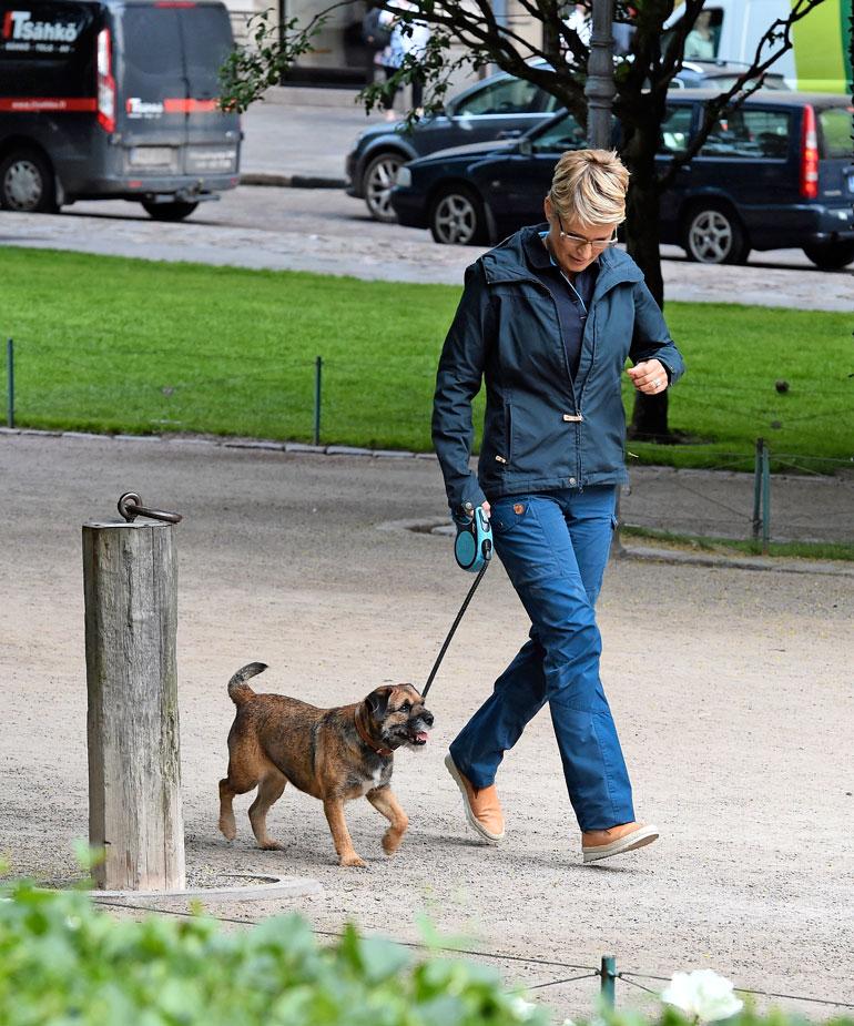 Borderterrieri pysyi kuuliaisesti ex-ministerin rinnalla.
