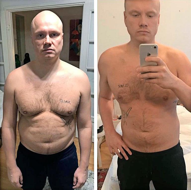 Vasemmassa kuvassa Ilari kärvistelee peilin edessä tammikuun alussa. Oikealla otettu kuva on viime viikolta, kun mies hehkutti laihtumistaan somessa.