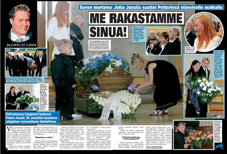 SEISKA 33/2004 – Me rakastamme sua maailman eniten, Jutta Jussila (nyk. Larm) itki Petterin hautajaisissa 2004 lapset ympärillään. Sylissä Max, arkun etualalla Casimir ja Camilla.