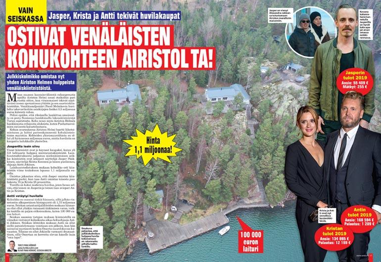 SEISKA 52/2020Viime vuonna Seiska paljasti Antin ja Kristan hankkineen huvilan kohutusta Airiston Helmestä. Antti on kertonut ystävilleen vetäytyneensä tänne toipumaan. Naapuritalon osti Omerta-leffan päätähti Jasper Pääkkönen.